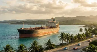 An oil tanker sailing near the Cuban coast on a sunny day