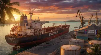 Russian oil tanker unloading fuel at a Cuban port during sunset