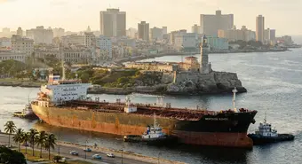 Russian oil tanker Sea Horse sailing towards Havana Harbor with Morro Castle in the background