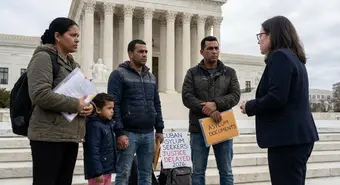 Cuban migrants with legal documents in front of the US Supreme Court building in a serious legal setting