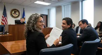 Cuban woman with I-220A form at immigration court hearing, representing legal hope after favorable decision