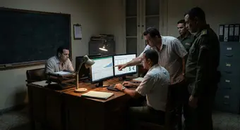 MININT investigators analyzing financial data in a dark office in Cuba