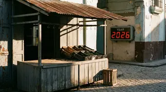 An empty Cuban market stall with an old clock in the background showing 2026, symbolizing the economic crisis.