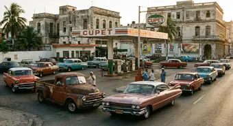 Gas station in Havana with queues of classic cars during sunset