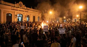 Night protest in Cuba in front of a government building with fire and smoke.