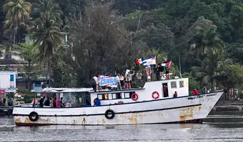 The Granma 2.0 vessel entering Havana Harbor with humanitarian aid