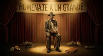 Artistic tribute to Alden Knight: Havana theater stage bathed in golden light. AI-generated illustration.