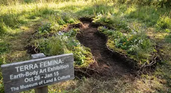 Silueta femenina impresa en tierra y flores, evocando el arte earth-body de Ana Mendieta. Imagen conceptual.
