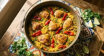 Cuban arroz con pollo served in a traditional caldero with yellow rice, chicken, and petit pois. AI-generated image.