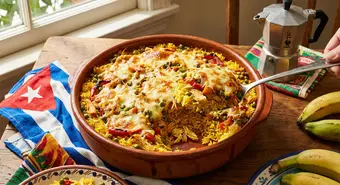 Cuban arroz imperial baked in a ceramic dish with layers of yellow rice, shredded chicken, and golden melted cheese.