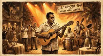 Illustration of a Cuban conjunto playing in a 1940s Havana nightclub with tres guitar, trumpets, and congas.