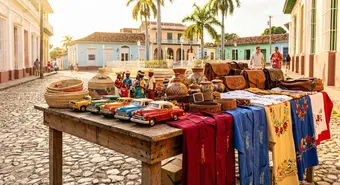 Productos artesanales cubanos: tallas en madera, cestería y cerámica en un mercado de Trinidad. Imagen generada por IA