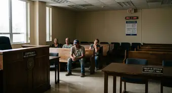 Empty immigration court hearing room, symbolizing Cuban asylum seekers' fear of attending their hearings