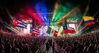 Latin American flags waving at a concert stage with spectacular lighting. AI-generated image.