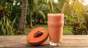 Creamy Cuban mamey batido milkshake in a tall glass next to sliced mamey sapote fruit. AI-generated illustration.