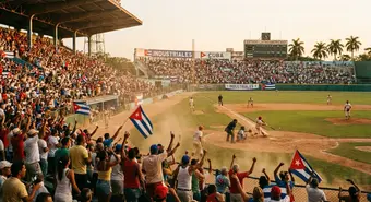 Estadio de béisbol cubano con aficionados vibrantes bajo el sol tropical. Ilustración generada por IA.
