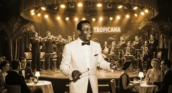 1950s Cuban big band scene in Havana, singer conducting orchestra at Tropicana nightclub