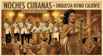 Ilustración artística de una orquesta cubana actuando en un club nocturno de La Habana de los años 50, evocando la era de Benny Moré