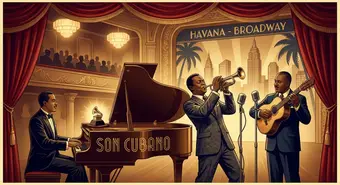 Artistic illustration of Cuban musicians performing son on a Broadway stage with Grammy trophy