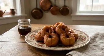 Golden Cuban buñuelos shaped in figure-eights, bathed in anise and cinnamon syrup. AI-generated illustration.