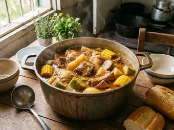 Steaming pot of Cuban caldosa with chicken, pork, corn, yuca, and root vegetables. AI-generated illustration.