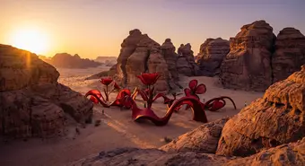 Contemporary art installation featuring red floral forms in the AlUla desert. Conceptual illustration.