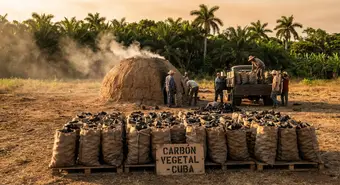 Artisanal marabú charcoal production in the Cuban countryside with traditional kilns. AI-generated illustration.
