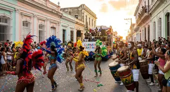 Colorful comparsas parade at Santiago de Cuba Carnival with drums and traditional costumes