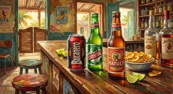 Cuban beers Bucanero and Cristal at a tropical bar. AI-generated illustration.