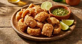 Chicharrones de puerco cubanos dorados y crujientes servidos con limón y mojo