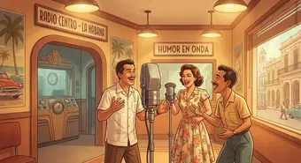 Illustrated scene of a 1950s Cuban radio comedy with actors performing around a vintage microphone. AI-generated image.