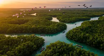Aerial view of the Zapata Swamp wetlands in Cuba, with mangroves and turquoise water channels