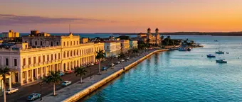 Panoramic view of Cienfuegos Bay with its neoclassical architecture and Palacio de Valle