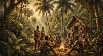 Illustration of Cuban cimarrones (maroons) taking refuge in a palenque settlement in Cuba's tropical mountains. AI-generated image.