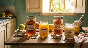 Jars of Cuban preserves with guava shells in syrup, mango jam, and papaya dulce on a wooden table