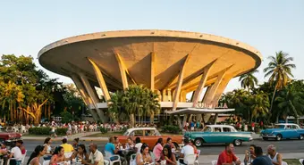 The iconic Coppelia ice cream parlor in Vedado, Havana, with its modernist flying-saucer shaped structure. Illustration.