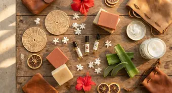 Productos de belleza naturales cubanos: jabones artesanales, perfumes y flores tropicales. Ilustración generada por AI.