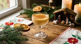 Glass of Cuban crema de vie with cinnamon sprinkled on top on a wooden table