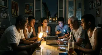 Cubanos reunidos alrededor de una radio y linternas durante un apagón en La Habana