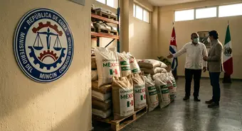 A bag of donations alongside the Cuban Ministry of Domestic Trade logo