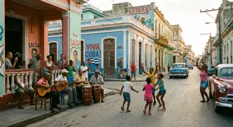 Músicos tocando en una esquina de un barrio cubano, rodeados de vecinos. Ilustración: Aroma de Cuba / IA