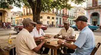 Cubanos jugando dominó en una esquina de La Habana, escena tradicional con fichas de dominó sobre mesa de madera