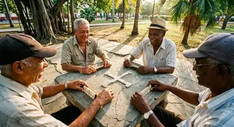 Cubans playing dominoes in a Havana park. AI-generated illustration