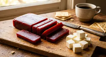 Dulce de guayaba cubano cortado en rectángulos con queso crema blanco sobre tabla de madera rústica