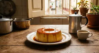 Cuban flan with golden caramel sauce on a white ceramic plate. AI-generated illustration.
