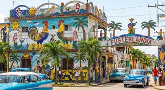 Colorful mosaic-covered facade in Fusterlandia, Jaimanitas, Cuba. AI-generated illustration.