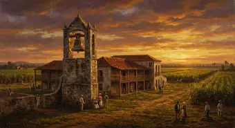 Artistic depiction of La Demajagua sugar mill at dawn, with its bell and cane fields. AI-generated illustration.
