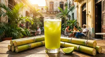 Glass of Cuban guarapo with ice and fresh sugarcane stalks. AI-generated illustration.