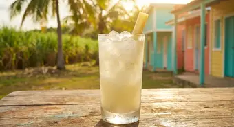 Glass of Cuban guarapo (sugarcane juice) with ice and sugarcane stalk in a tropical setting. AI-generated illustration.