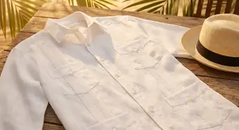 White linen Cuban guayabera with characteristic alforzas pleats and pockets. AI-generated illustration.